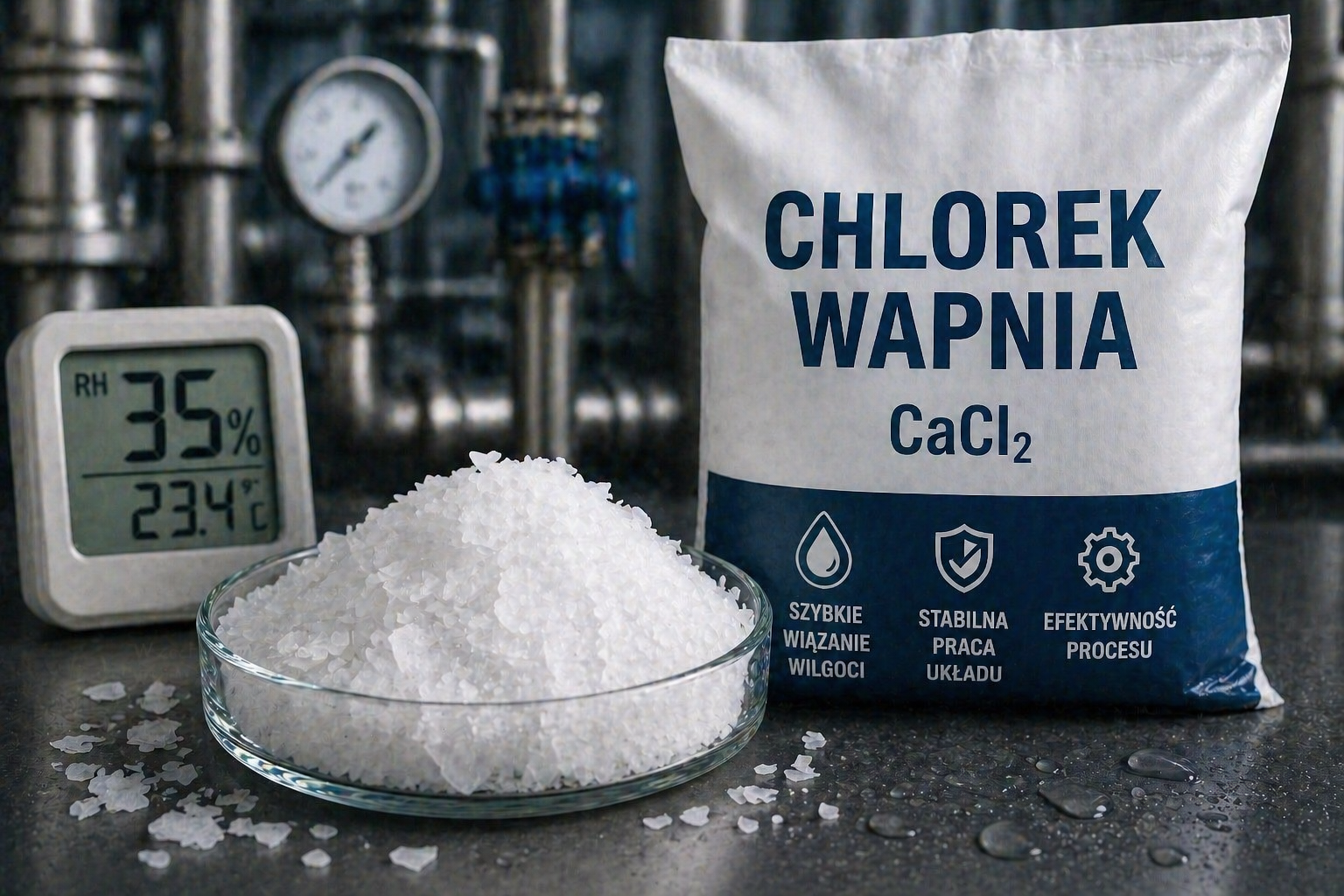 Chlorek wapnia w magazynowaniu surowców higroskopijnych. Jak ograniczyć zbrylanie przy wysokiej wilgotności?
